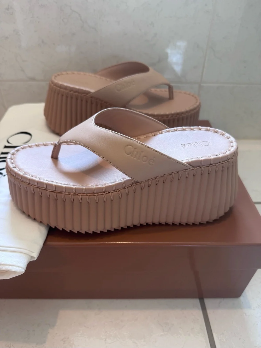 Chloé Nama Wedge Platform Slides Toasted Brown Leather Size 36